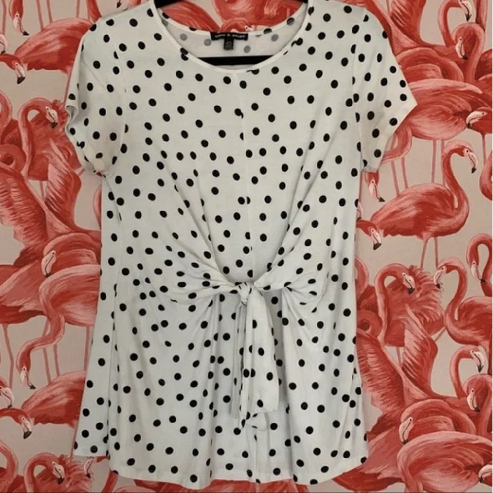Cable and Gauge B&W Polka Dot Shirt Sleeve Knit Top with Front Tie Size Medium